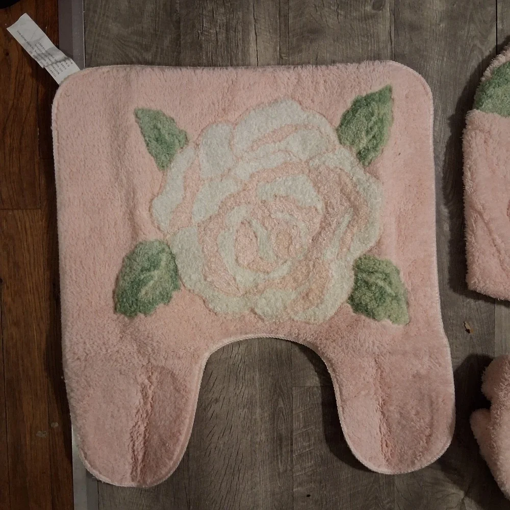 Vintage 90s NOS Grannycore Pink Floral Bathroom Mat Cover Set NEW